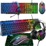 Ensemble Clavier Souris et Casque Gaming,Clavier Rétroéclairé Coloré LED Filaire,Casque à RGB 7.1 Canaux Son Stéréo,Souris 4 Boutons 2400DPI,Tapis de Souris,Compatible avec PC PS4 Xbox,Noir