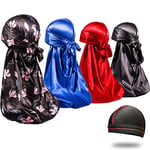 4PCS Silky Durags for Men 360 Waves, Designer Do Rag, Award 1 Wave Cap, Snack Flower Blue Black Red, M