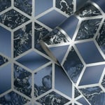 Muriva Elixir Cube 3D Effect Metallic Silver Navy Marble Wallpaper 166512 