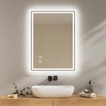 EMKE Miroir de Salle de Bain avec lumière LED, 80 x 60 cm, Anti-buée, Interrupteur Tactile, Miroir de Salle de Bain Blanc Froid réglable, Fonction mémoire, arrêt Automatique après 3 Heures, Miroir de