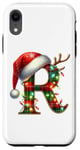 Coque pour iPhone XR Red Christmas Plaid Initial R Monogrammed Santa Hat Letter R