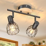 Kimjo Plafonnier 2 Spots Orientables - Plafonnier Bois et Noir E14 - Spots de Plafond Industriel Luminaire Plafonnier Chambre - Plafonnier Salon Lustre Cuisine Sans Ampoule