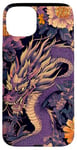 Coque pour iPhone 15 Plus Violet Art Déco Floral Dragon Japonais Samouraï Esthétique