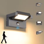 LED Applique Murale Extérieur/intérieur avec Détecteur de Mouvement,12W Moderne Éclairage Lampe avec Panneau Rotatif Imperméable IP65 3000K blanc chaud,Luminaire Murale pour Entrée Jardin,Gris Foncé