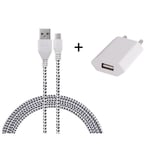 Pack Chargeur pour Manette Playstation 4 PS4 Smartphone Micro USB (Cable Tresse 3m Chargeur + Prise Secteur USB) Murale Android  (BLANC) - Neuf