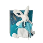 DOUDOU ET COMPAGNIE - Doudou Lapin Plat Pompon Paon - Blanc & Bleu - 25 cm - Collection Happy Pop - Doudou Très Doux - Idée Cadeau Naissance avec Boite Cadeau - Garantie Doudou Perdu - DC3745