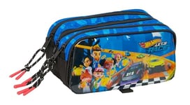 Safta HOT WHEELS LET'S RACE - Trousse triple grande trousse pour enfant, idéale pour les enfants d'âge scolaire, confortable et polyvalente, qualité et résistance, 21,5 x 8 x 10 cm, Bleu/noir, M,