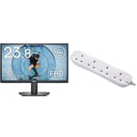 Dell SE2422HX 24 Inch Full HD (1920x1080) Monitor, 75Hz, VA, 5ms, AMD FreeSync, HDMI, VGA, 3 Year Warranty, Black & Masterplug BFG210N Four Socket Extension Lead, 2 Metre, White