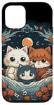 Coque pour iPhone 13 mignon anime chat portrait de famille avec couronne, lune, fleurs