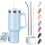 Tuocal 40oz Tumbler with Straw Lid and Handle + 2 Stainless Steel Straws + Silicone Boot, 1180 ml Double Wall Vacuum Insulated Cup, Car Coffee Mug, Travel Water Bottle for Hot Iced Coffee, Light Blue