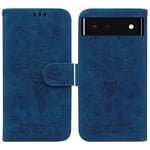 Google Pixel 6 Wallet Case Flip Pu Nahka Emboss Rose Flowers Magneettinen tukijalustan korttipaikan kansi – sininen