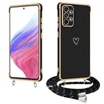 E-Lush Coque pour Samsung Galaxy A53 5G, Coque pour Samsung A53 5G Silicone avec Motif Coeur d'amour Mignon Étui Housse Antichoc avec Cordon Tour de Collier Réglable Case Cover, Noir