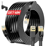 Cable Ethernet 40m, Cat7 Cable RJ45 40m Blindé Long Câble Réseau Extérieur Intérieur, âme en Cuivre Pur Câble LAN, Haute Vitesse Plat Cable Internet 40 Mètres, Gigabit Câble Patch Noir pour Routeur