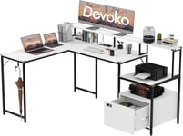 Devoko Bureau avec Rangement 170×120cm Bureau avec Tiroir Bureau d'angle avec Prise de Courant et Port de Charge USB, Bureau Informatique avec Support de Moniteur et Étagères Rangement