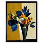 Blue Mustard Ochre Orange Autumnal Abstract Bouquet Flowers Painting Art Print Framed Poster Wall Decor 12x16 inch