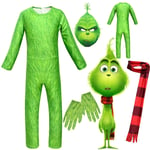 Grinch Cosplay Kostym Barn Jul Halloween Fest Grön Monster Jumpsuit Mask Halsduk Handskar Outfit Jul Fancy Dress Up Set 12-13 Years