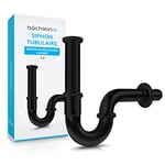 Bächlein Siphon Universel pour Lavabo et Évier (Extra Long) – Bonde de Lavabo Tubulaire – Siphon Adaptable – Siphon Anti-Odeur avec Orifice de Nettoyage + Mode d’Emploi - Mat Noir