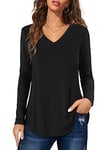 Florboom Ladies Tunic Tops Long Sleeved V Neckline Loose T-Shirt Basic Shirts Blouses Black Size 12 14