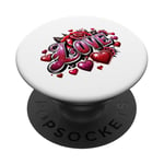 The Word Love surrounded By Hearts And Red Roses PopSockets Adhesive PopGrip