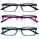 OPULIZE See 3 Pack Blue Light Blocking Reading Glasses Blue Purple Turquoise Computer Anti Glare Unisex BBB9-35Q +2.00