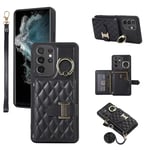 Phone Case For Samsung Galaxy S22 Ultra 5G Wallet Cover with Crossbody Shoulder Strap and Leather Credit Card Holder 360°Rotation Ring Kickstand Cell S22ultra 22S S 22 S22ultra5g 6.8 Girls Black