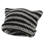 Stickad Cat Beanie med Öron, Randig Vintervarm Elastisk Mössa, Svart och Grå Black and Grey