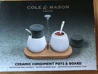 Cole & Mason Condiment Pots & Board With Spoons Wood White Grey Ceramic