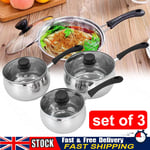 3PCS Induction Cooking Pots Set Stainless Steel Non Stick Cookware Glass Lids