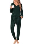 Vlazom Pyjama Femme Hiver Ensembles de Pyjama à Manche Longue Col en V Vêtements de Nuit à Carreaux Chaud Long，A-Vert/Navy，M