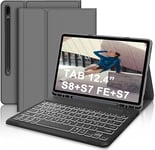 Étui Clavier Pour Samsung Galaxy Tab S7 Fe/ S7 Plus/ S7+/ S8+ Plus 12,4"" Coque Mince, Détachable Rétro-Éclairage 7 Couleurs Bluetooth Français [Azerty] Clavier, Housse Avec Porte-Stylo, Gris