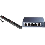 Electraline 35438 Bloc Multiprises 10 Prises + 2 Interrupteurs, Enrouleur de câble| Longueur 1,5 M Section 3G1 mm² Noir & TP-Link SG105 Switch Ethernet Gigabit 5 ports RJ45 metallique 10/100/1000 Mbps