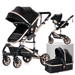 3 en 1 Poussette Combinée Landau Poussette Canne Poussette Citadine Poussette Système de Voyage pour Bébé Poussette Paysage Haute pour Bébé Inclinable Pliable Poussette Standard (739 Black Gold)