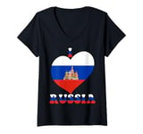 Womens I Love Russia I Love Moscow Proud Russian Flag Heart Graphic V-Neck T-Shirt