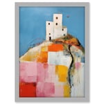 House on the Hill Oil Painting Abstract Geometric Patchwork Palette Knife Pastel Colour Rural Landscape Artwork Framed A3 Wall Art Print