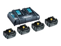 Makita - Batteriladdare + Batteri 4 X - Li-Ion - 5 Ah - 90 Wh - 2 X Batterier Laddas - För Makita Deadml801, Deadml810, Dhp482, Djn161, Djs101, Dss501, Dtd171, Duc254, Dvr450, Ml003