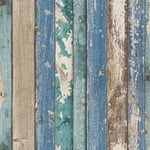 Rustic Distressed Elm Wood Plank Effect Blue Cabin Beige Realistic Wallpaper