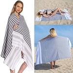 DEMMEX 100% Turkish Cotton Beach Towel - Oversized, Quick Dry, Sand Free, Compact, Thin, Lightweight - Turkish Hammam Peshtemal Beach Towel Blanket, Made in Turkey, Prewashed, 180x90cm (Black-Grey)