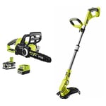 Ryobi RCS1830-150 18V ONE+ Cordless Brushless 30cm Chainsaw Kit (1 x 5.0Ah) & OLT1832 18V ONE+ Cordless Grass Trimmer Only, 25-30cm, Hyper Green