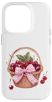 Coque pour iPhone 14 Pro Noeud coquette rose sur un panier en osier avec cerises