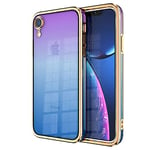 Ontiny Designed Electroplating Transparent TPU Soft Phone Case for iPhone XR, Shockproof Drop Protection (Purple Blue Gradient & Gold Border)