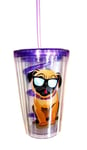 Doug the Pug Sipper Cup Mug Glass With Straw & Lid Soft drinks Girls Ladies  NEW