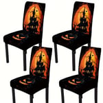 Spooky Halloween-tuolinpäälliset: 4 kpl Haunted House ja Pumpkin Wall Lamp Print -tuolihameet - Täydellinen kummitustalosi koristeluun! - Klassinen tyyli, konepestävä, joustava suljin, yksiosainen muotoilu, polyesteripäällinen, spandex-kangas