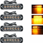 Eclairage pour voiture,4 Pcs 6 led orange feu de freinage stroboscopique, 12V 24V Barre lumineuse led pour offroad véhicule voitureutilitaire,