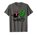 Black Cat What? Pushing Christmas Tree Funny Cat Santa Hat T-Shirt