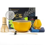 Set de thé japonais (7 pièces) Set de fouet à matcha Bol à matcha avec bec verseur Fouet à matcha en bambou (Chasen) Pelle (Chashaku) Support de fouet à matcha Set de préparation du thé. N18, orange…