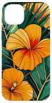 Coque pour iPhone 14 Plus Orange Art Déco Géométrique Tropical Kauai Hawaii Fleurs