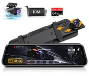 4K Mirror Dash Cam Front and Rear with 10" IPS Full Touch Screen, Rear View Miiror Dash Camera with 64G SD Card IP69 Waterproor Rear Camera 10M Cable