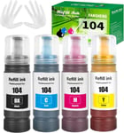 104 Encre Compatible avec Epson 104 Bouteille d'encre Multipack pour ET-2720 ET-2711 ET-2810 ET-2811 ET-2814 ET-2820 ET-2821 ET-2851 ET-2812 ET-4800 ET-1810 ET-2825 (4 Pack BK/C/M/Y)