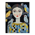 Artery8 The Bird Lady Surreal Oil Painting Blue Yellow Grey Dryad Portrait Extra Large XL Wall Art Poster Print