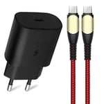 25W snabbladdare + 60W röd nylon USB-C-kabel 1M för Samsung Galaxy A25 A15 A05s A35 A55 S24 Ultra Svart röd